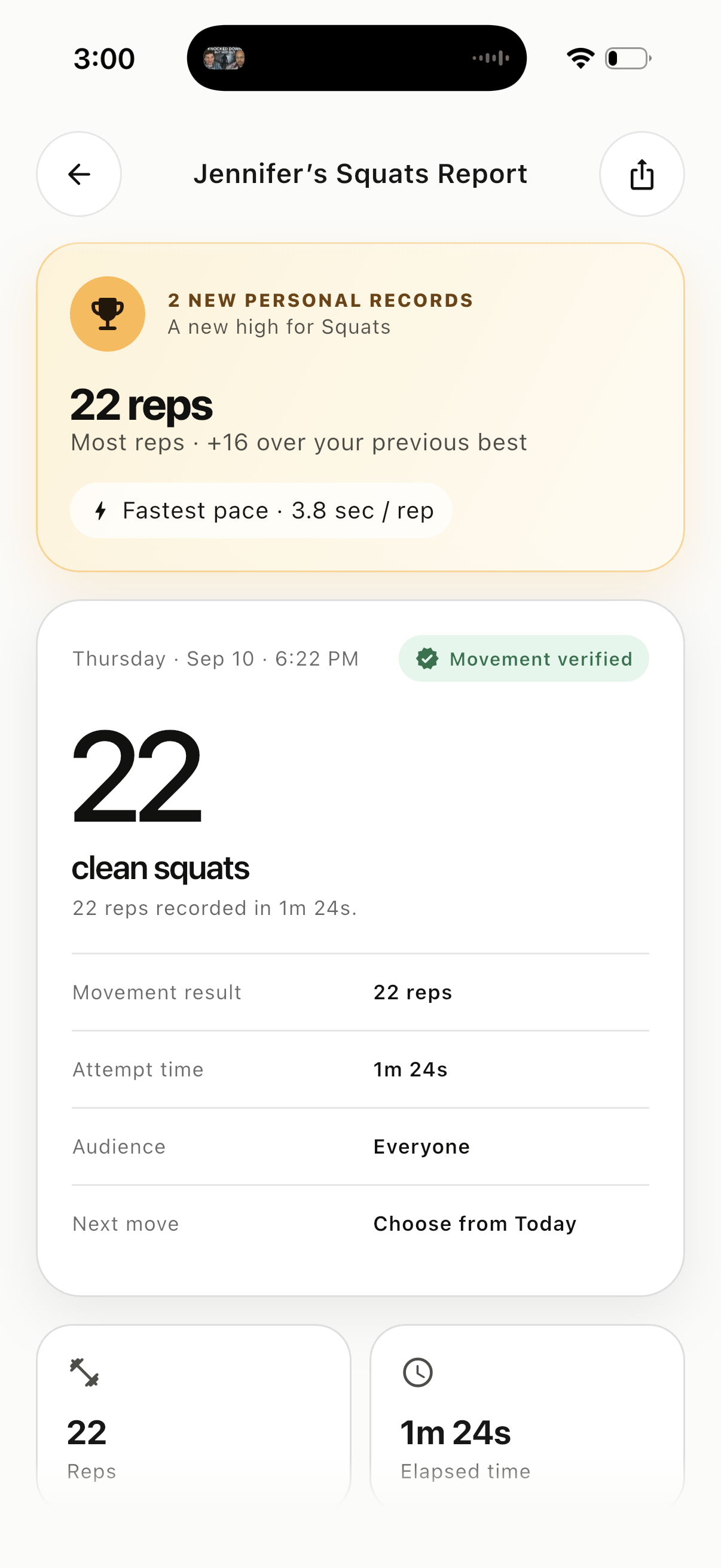 Traina squat report showing 22 reps in 1 minute 24 seconds, two new personal records, and a movement verified badge